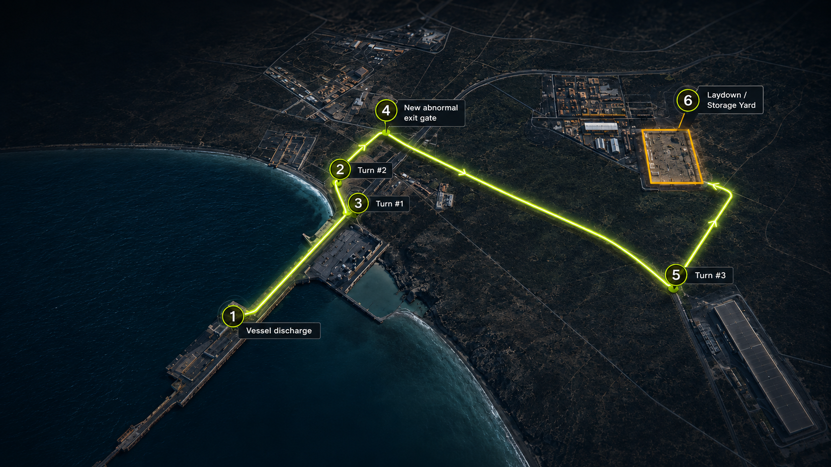 Dark premium route map from Saldanha Port vessel discharge to the blade laydown storage yard
